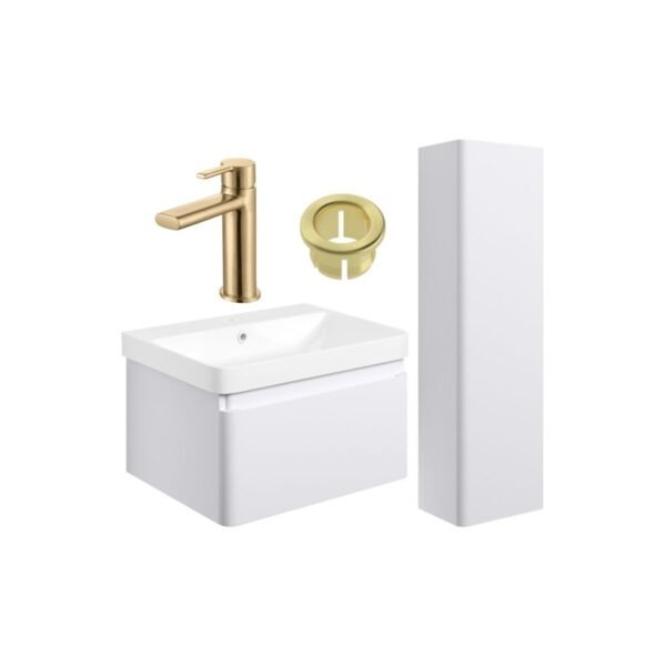 Trinity Wharfe Wall Hung Vanity Unit With Tall Storage Unit & Brushed Brass Tap - Image 2