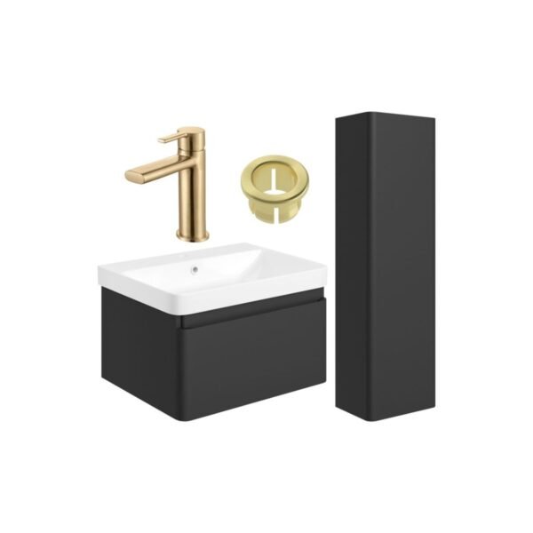Trinity Wharfe Wall Hung Vanity Unit With Tall Storage Unit & Brushed Brass Tap - Image 5