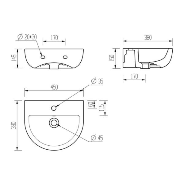 Trinity Waterton Cloakroom Basin With Bottle Trap - 1 TH - 450mm x 400mm - Image 4