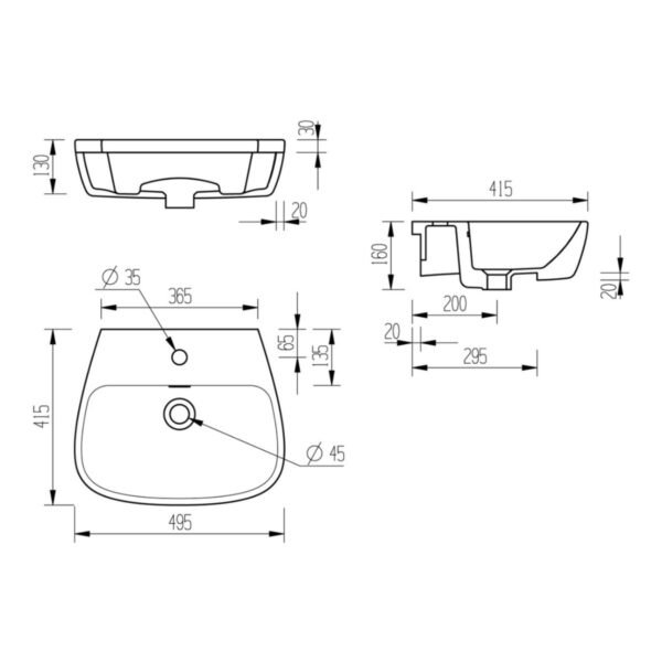 Trinity Sandal Semi Recessed Basin - 495mm x 415mm - White - 1 TH - Image 2