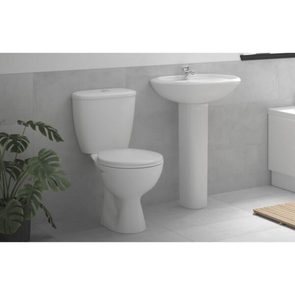 Trinity Express Full Pedestal Basin And Close Coupled Toilet With Cistern, Soft Close Seat - White
