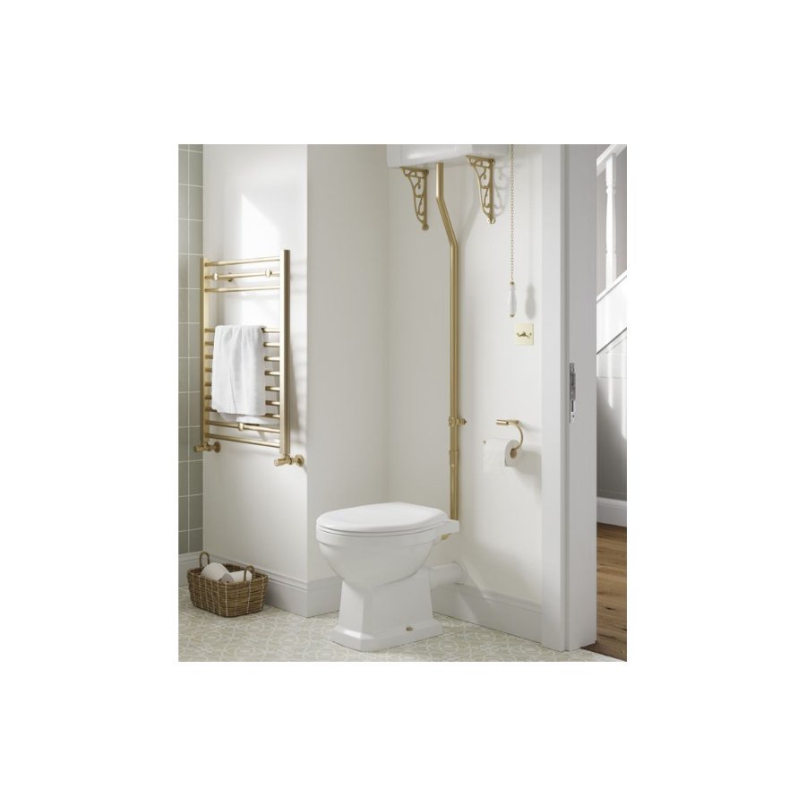 Trinity Cannon High Level Toilet With Satin White Wood Effect Seat Brushed Brass- White