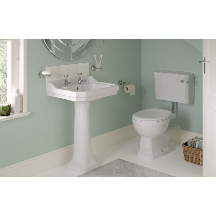 Trinity Cannon Low Level Toilet With Satin White Wood Effect Seat Brushed Brass- White