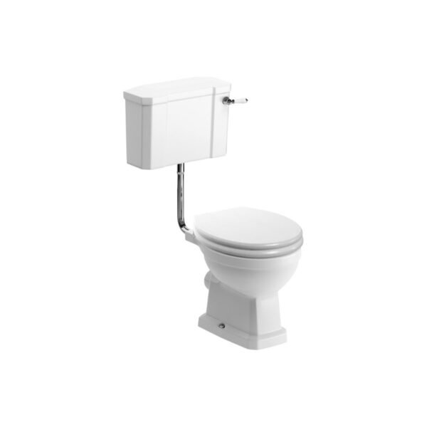Trinity Cannon Low Level Toilet With Satin White Wood Effect Seat Brushed Brass- White - Image 2