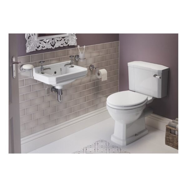 Trinity Cannon Close Coupled Toilet With Satin White Wood Effect Seat Brushed Brass - White