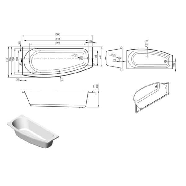 Trinity Bretton Space Saving Single Ended Bath With Legs - 1700mm x 740mm - White