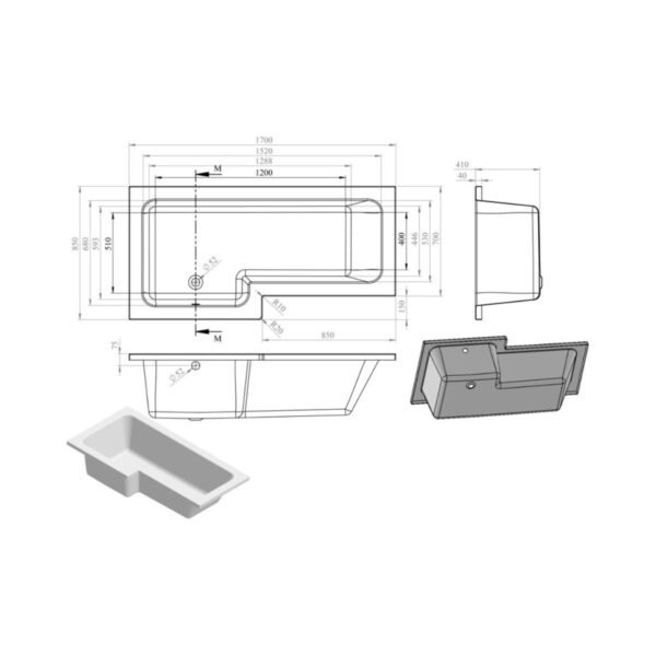 Trinity L-Shaped Single Ended Shower Bath - 1700mm x 850mm - White