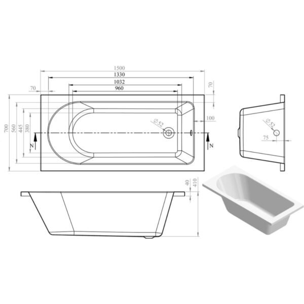 Trinity Cascade Single Ended Bath With Legs - White