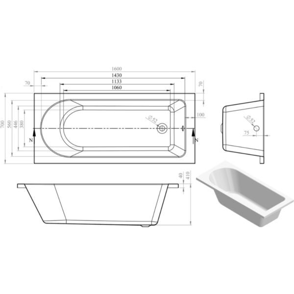 Trinity Cascade Single Ended Bath With Legs - White - Image 3