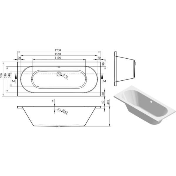 Trinity Cascade Supercast Double Ended Bath with Legs - White