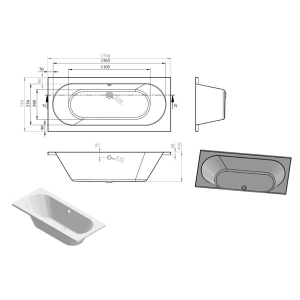 Trinity Cascade Supercast Double Ended Bath with Legs - White - Image 4