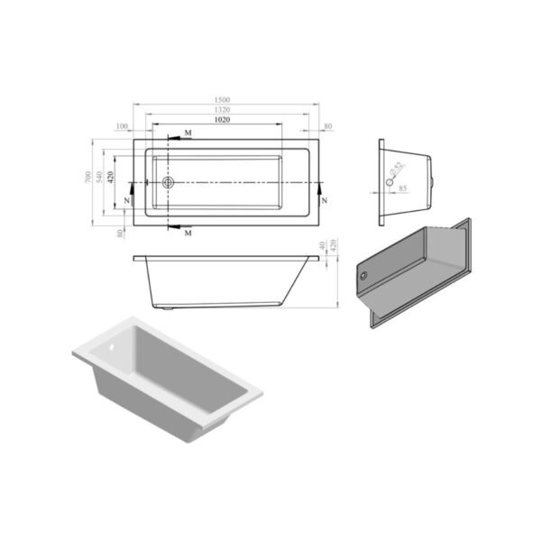 Trinity Haven Single Ended Bath With Legs - White