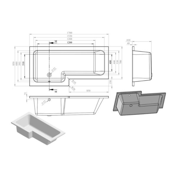 Trinity L-Shaped Single Ended Shower Bath With Panel & Screen - 1700mm x 850mm - White