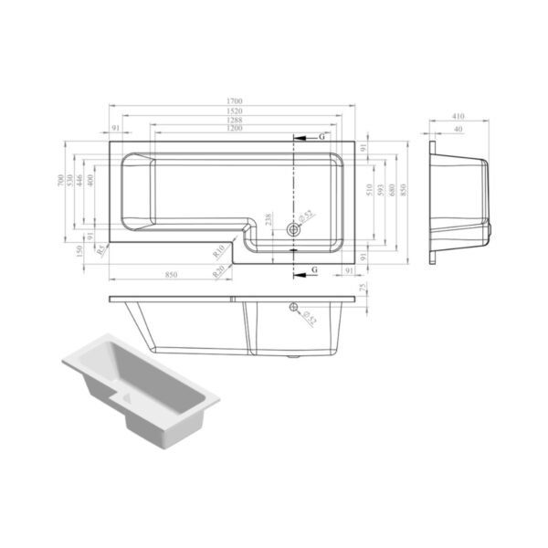 Trinity L-Shaped Single Ended Shower Bath With Panel & Screen - 1700mm x 850mm - White - Image 3