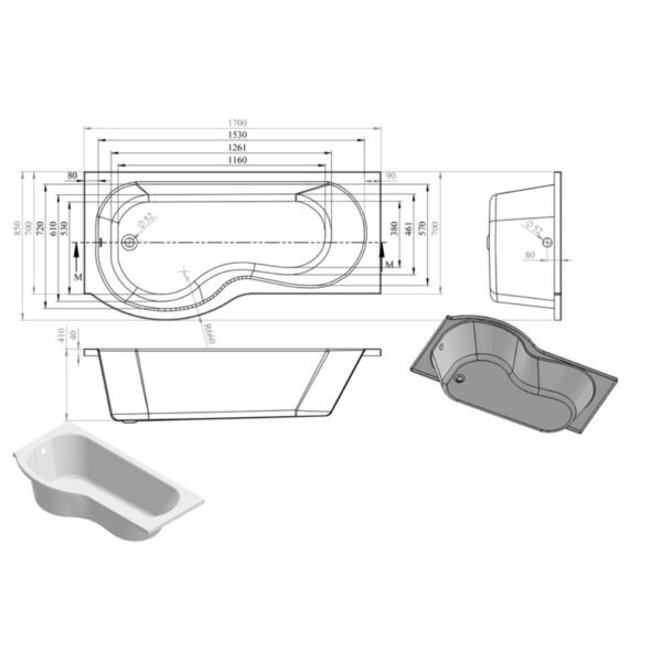 Trinity Lume P Shaped Single Ended Shower Bath - 1700mm x 850mm - White