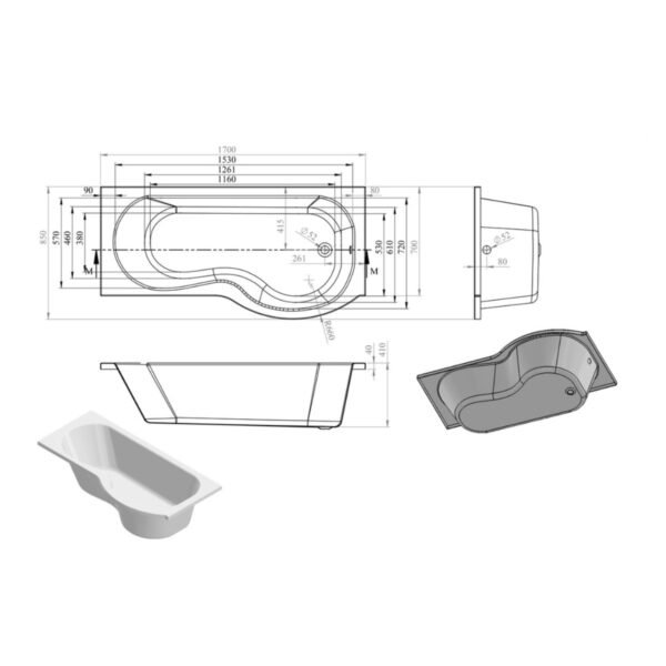 Trinity Lume P Shaped Single Ended Shower Bath - 1700mm x 850mm - White - Image 3