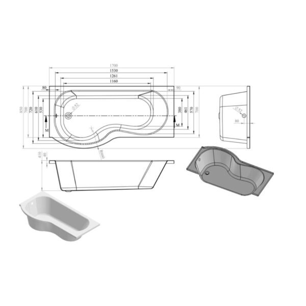 Trinity P-Shaped Single Ended Shower Bath - 1700mm x 850mm - White