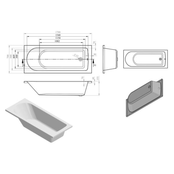 Trinity Flux D Shape Supercast Single Ended Bath With Legs - 1700mm x 700mm - White - Image 2