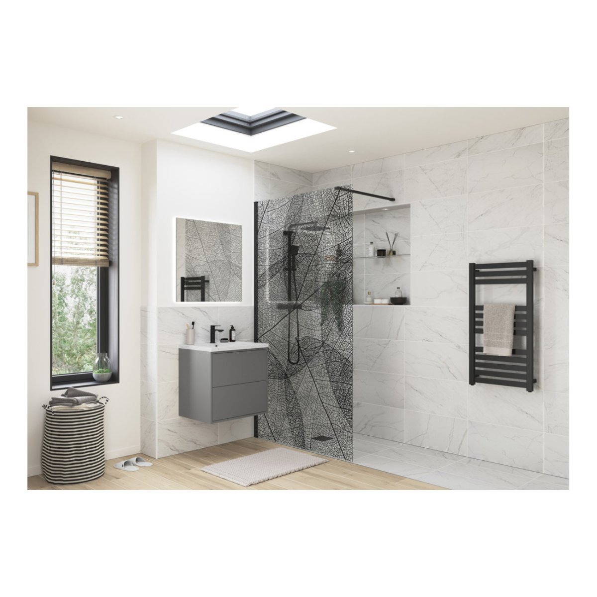 BSUKE Noble Leaf Design Wetroom Panel - 8mm Glass - 1200mm Wide - Black