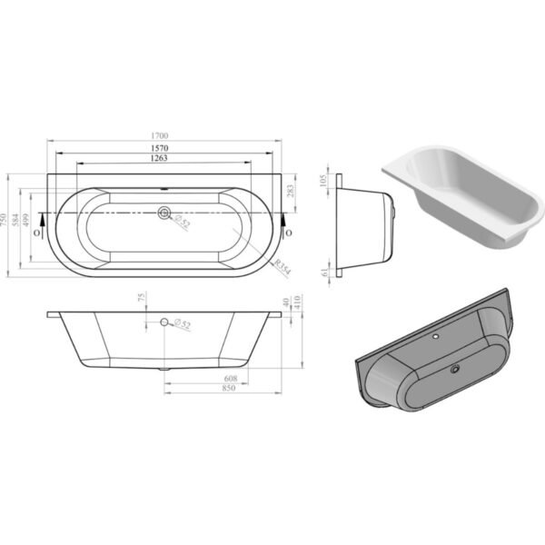 Trinity Orion Supercast Back To Wall Bath with Legs - 1700mm x 750mm - White