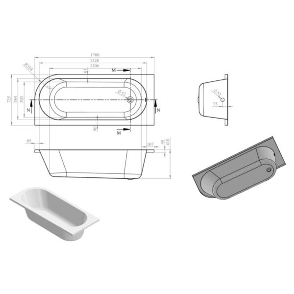 Trinity Mist J Shape Back To Wall Corner Bath with Legs - 1700mm - 725mm - White
