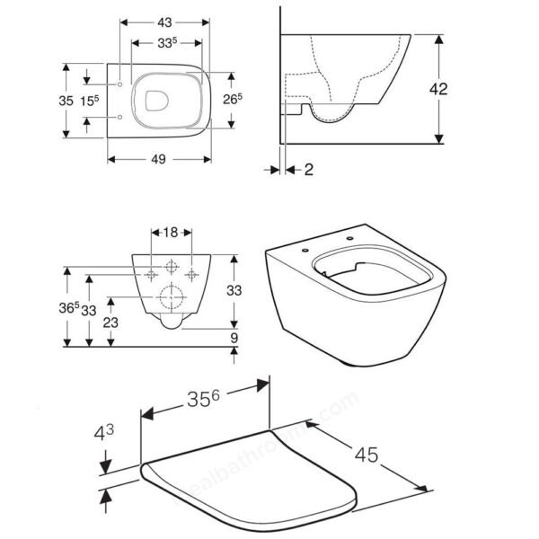 Geberit Smyle Square Wall Hung Toilet With Overlapping Lid Standard Seat - White - Image 3