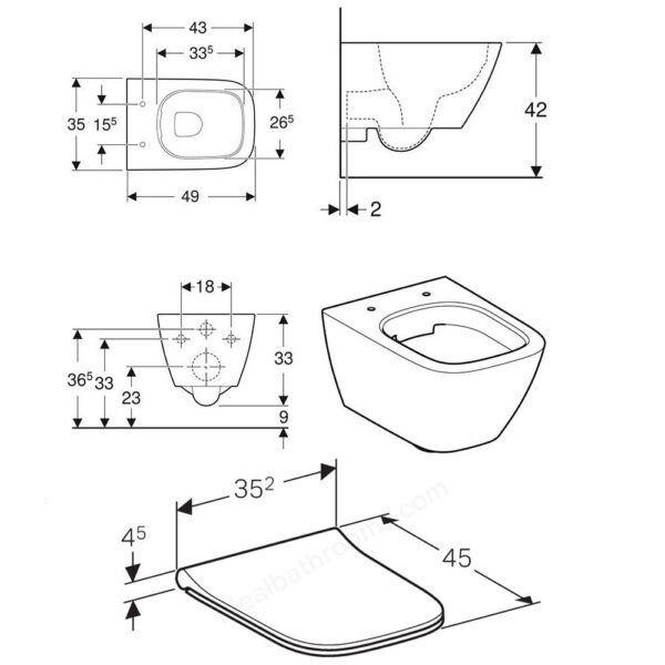 Geberit Smyle Square Wall Hung Toilet With Sandwich Standard Seat - White - Image 3