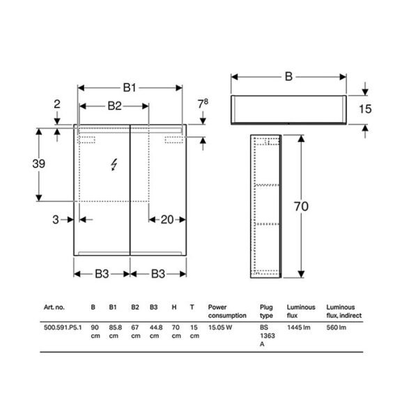 Geberit Option 2 Door Illuminated Mirror Cabinet - 700mm X 900mm - Image 2