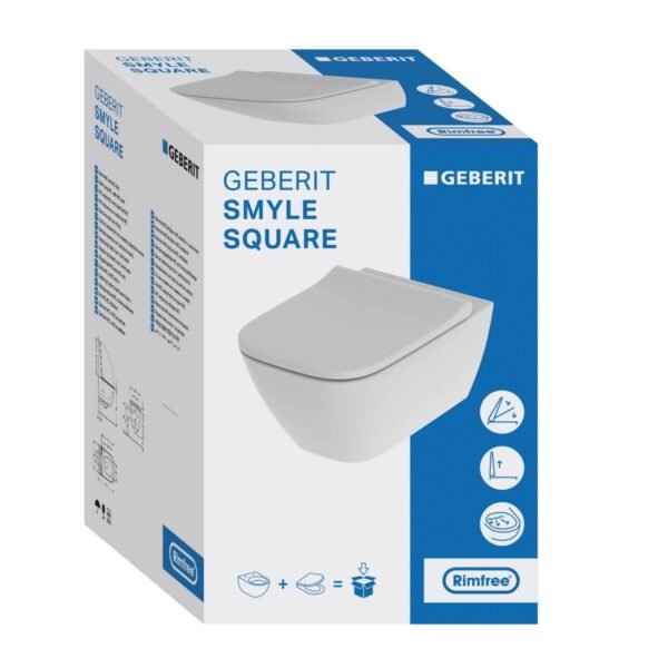 Geberit Smyle Square Rimless Wall Hung Toilet With Quick Release Soft Close Seat - White