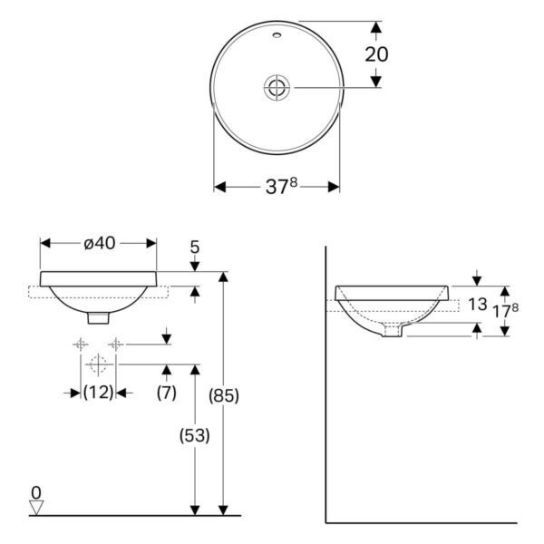 Geberit VariForm Round Countertop Basin - 400mm Wide - No TH - White - Image 2