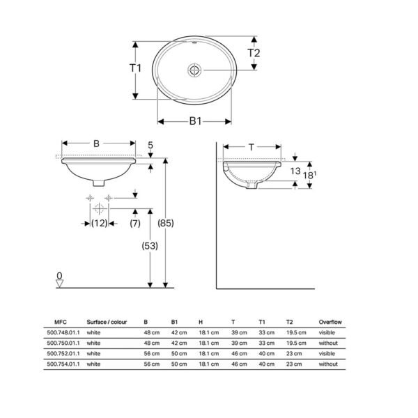Geberit VariForm Oval Under Counter Top Basin - 560mm Wide - No TH - White - Image 2