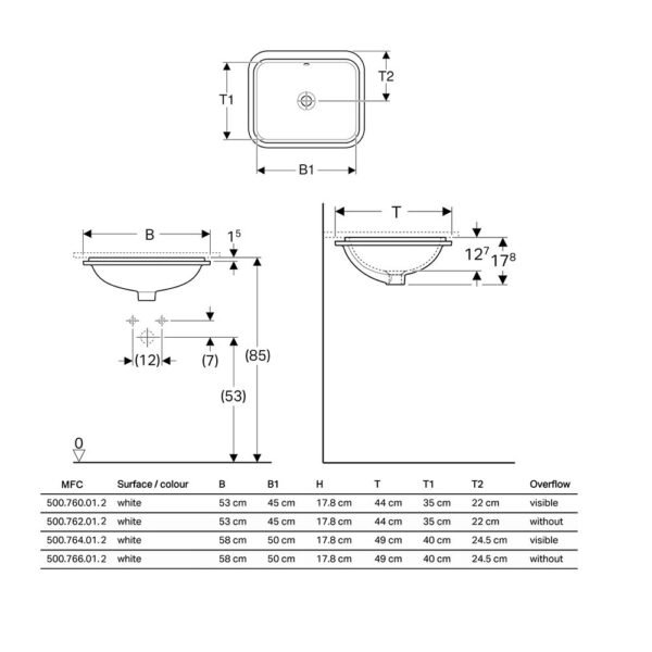 Geberit VariForm Rectangular Under Counter Top Basin With Overflow - No TH - 530mm Wide - White - Image 2