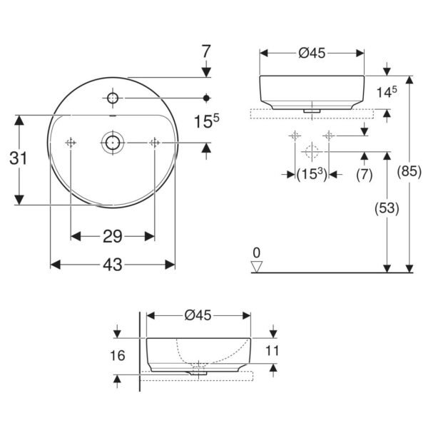 Geberit VariForm Round Sit On Countertop Basin With Overflow - 450mm Wide - 1 TH - White - Image 2