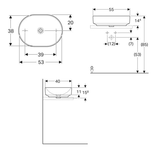 Geberit VariForm Oval Sit On Countertop Basin - 550mm Wide - No TH - White - Image 2