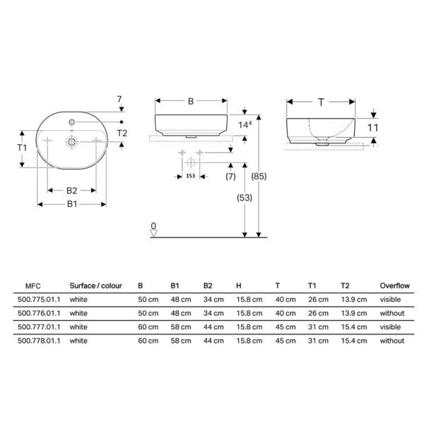 Geberit VariForm Oval Sit On Countertop Basin With Overflow- 500mm Wide - 1 TH - White - Image 2