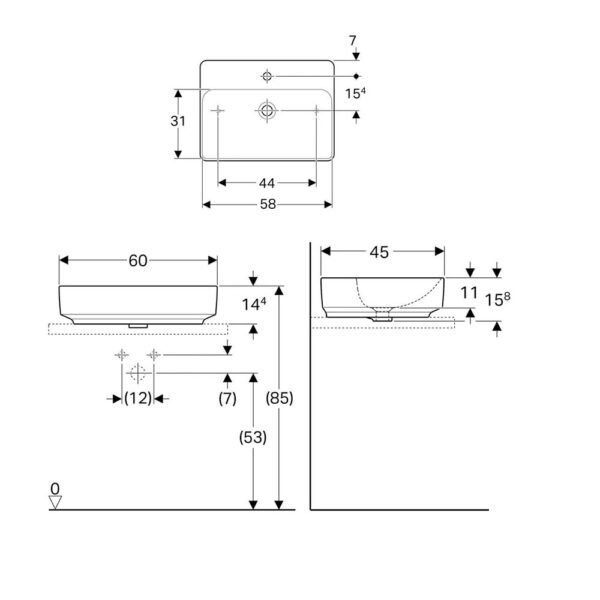Geberit VariForm Rectangular Sit On Countertop Basin With Overflow - 600mm Wide - 1 TH - White - Image 2
