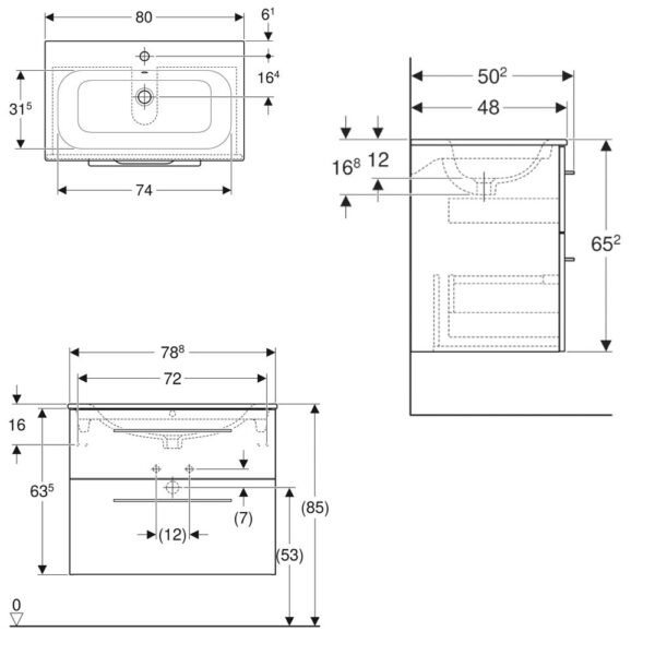 Geberit Selnova Square 2 Drawer Slim Wall Hung Vanity Unit And Basin - 788mm Wide - 1 TH - Image 2