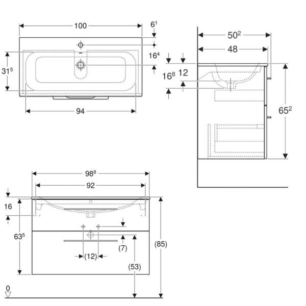 Geberit Selnova Square 2 Drawer Slim Wall Hung Vanity Unit And Basin - 988mm Wide - 1 TH - Image 2