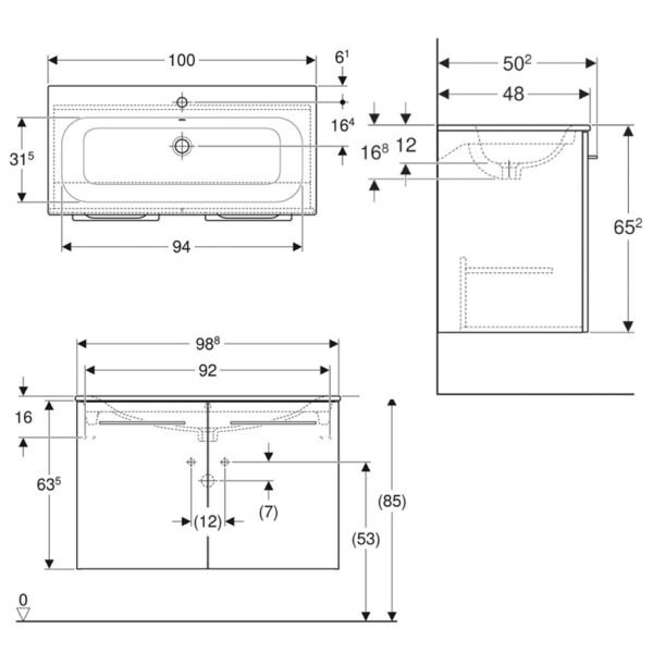 Geberit Selnova Square 1 Door Slim Wall Hung Vanity Unit And Basin - 988mm Wide - 1 TH - Image 2