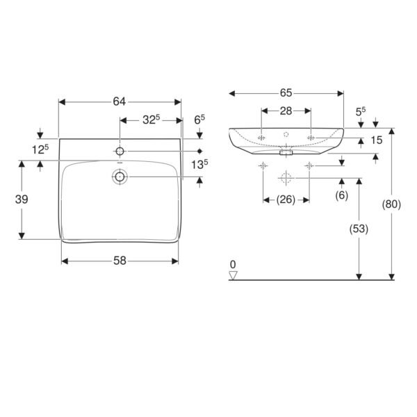 Geberit Selnova Comfort Wall Hung Basin - 650mm Wide - 1 TH - White - Image 2