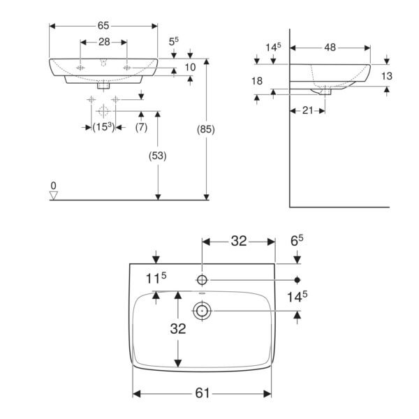 Geberit Selnova Rectangular Basin With Round Full Pedestal - 650mm Wide - 1 TH - White - Image 3