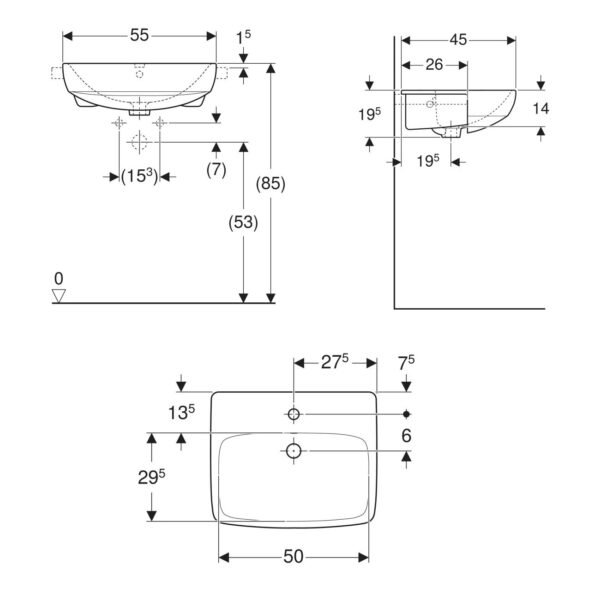 Geberit Selnova Square Semi Recessed Basin - 550mm Wide - White - Image 2