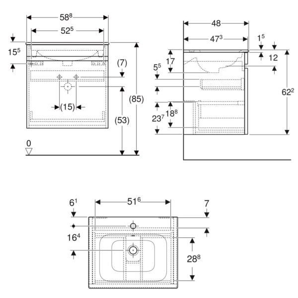Geberit Renova 1 Drawer Wall Hung Vanity Unit With Basin - 600mm Wide - 1 TH - Image 2