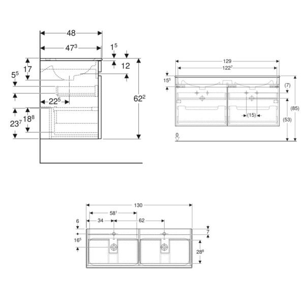 Geberit Renova 1 Drawer Wall Hung Vanity Unit With Double Basin - 1300mm Wide - 2 TH - Image 2