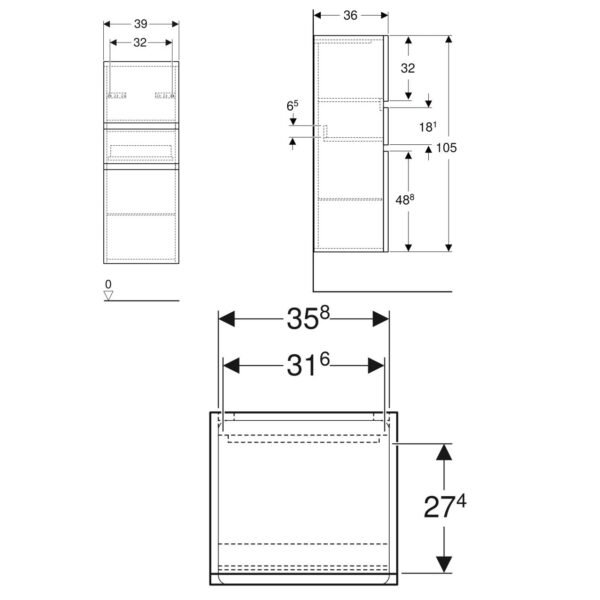Geberit Renova Double Door And Single Drawer Wall Hung Medium Storage Unit - 1050mm High - Image 4