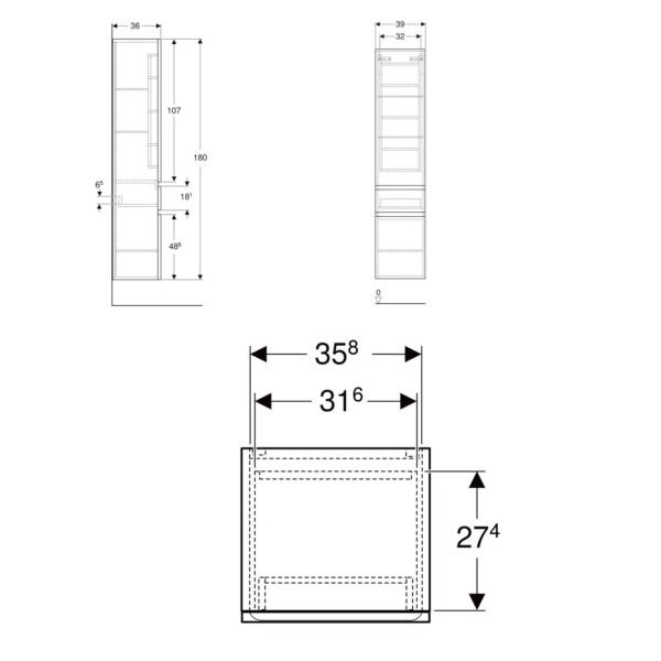 Geberit Renova Double Door And Single Drawer Wall Hung Tall Storage Unit - 1800mm High - Image 5