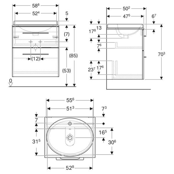 Geberit Selnova 2 Drawer Wall Hung Vanity Unit With Worktop And Countertop Basin - 588mm Wide - 1 TH - Image 2