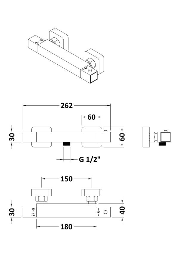 Nuie Square Thermostatic Bar Shower Valve - VBS025 - Image 3