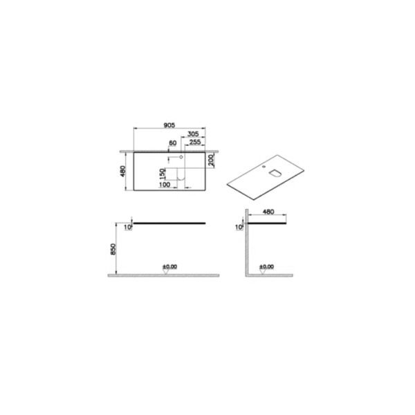 Vitra Origin Right Syphon Hole Glass Countertop - 900mm Wide - 1 TH - Image 2