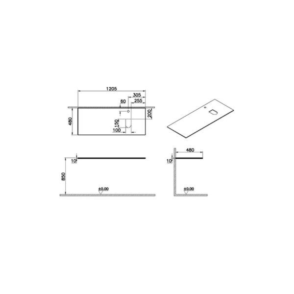 Vitra Origin Right Syphon Hole Glass Countertop - 1200mm Wide - 1 TH - Image 2